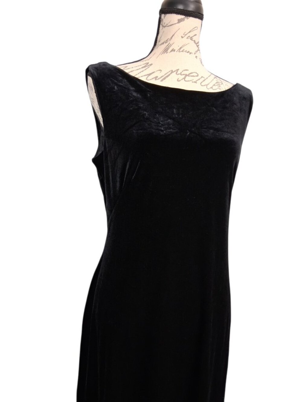 Vintage Black Velvet Maxi Dress Sleeveless Black Lace Sheer Back Classic Sz 12 - Picture 3 of 7